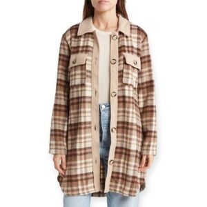Melloday Shacket Long Oversized Thick Flannel Plaid Sz Medium Womens Cream Pink